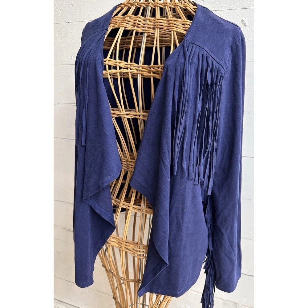 Women's M‎ Melissa Paige Blue Fringe Cardigan Boho Open Front Drape Lightweight
